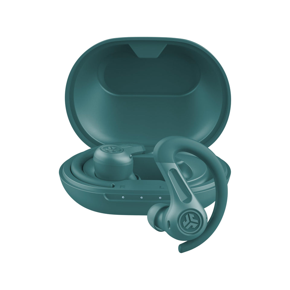 JLab JBuds Sport ANC4 teal case open for easy charging on the move.