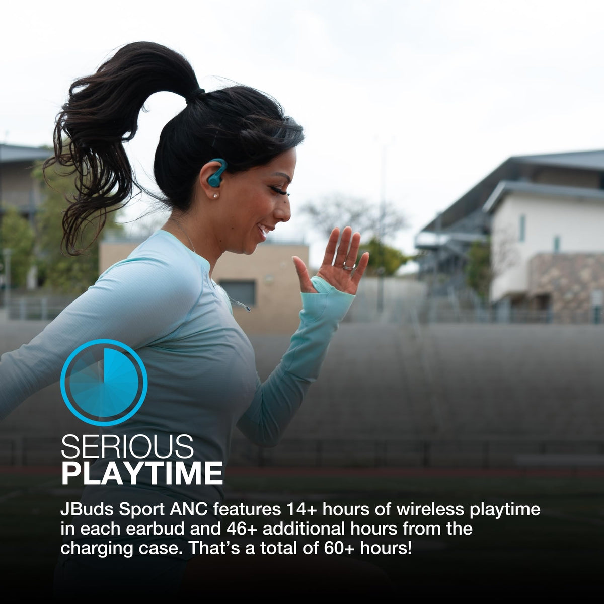 JLab JBuds Sport ANC4 teal IP66 sweat resistant design for rugged workouts.