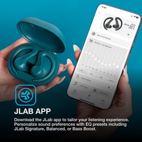 JLab JBuds Sport ANC4 teal multipoint pairing with phone and laptop.