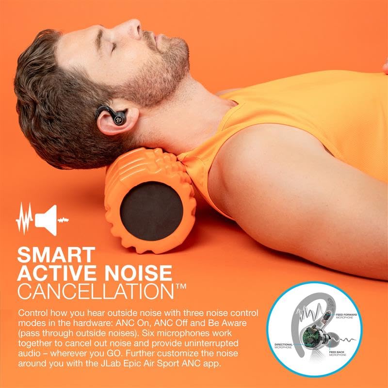 JLab Epic Air Sport ANC modes button highlighting noise controls