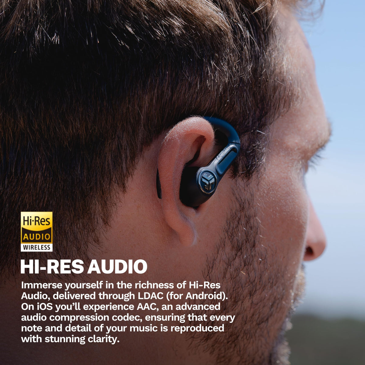 Ergonomic earhooks on JLab Epic Air Sport ANC3 for a stable fit during runs.
