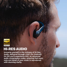 Ergonomic earhooks on JLab Epic Air Sport ANC3 for a stable fit during runs.