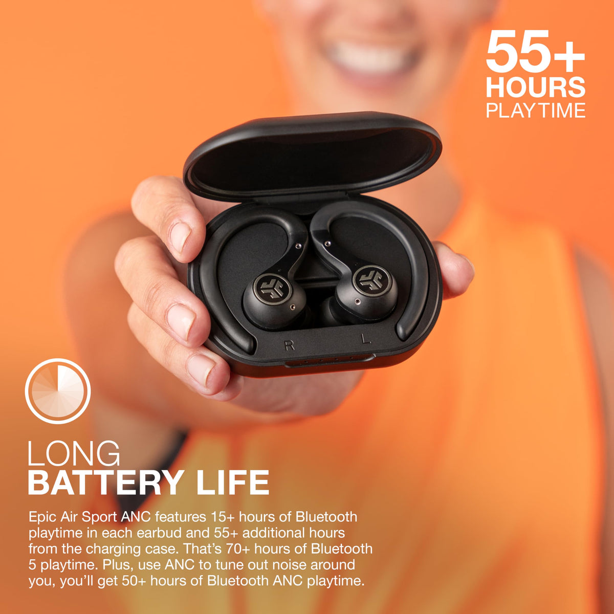 JLab Epic Air Sport charging case open showing battery capacity