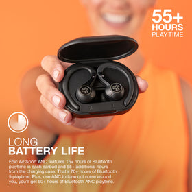 JLab Epic Air Sport charging case open showing battery capacity