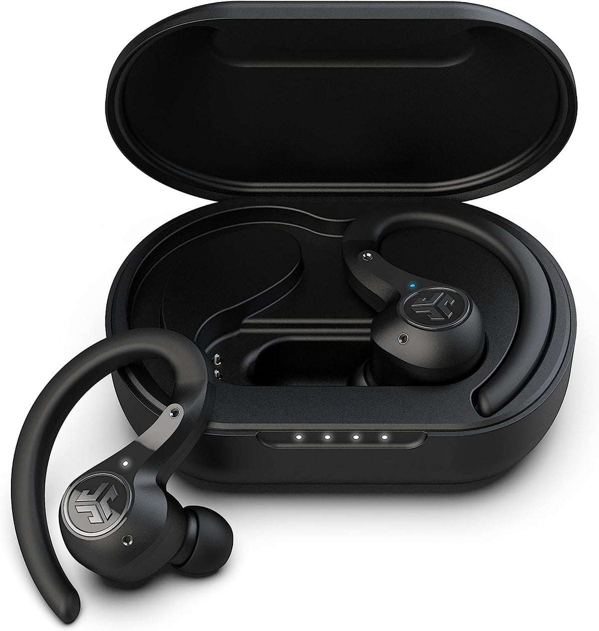 JLab Epic Air Sport earbuds angled for workouts with immersive ANC