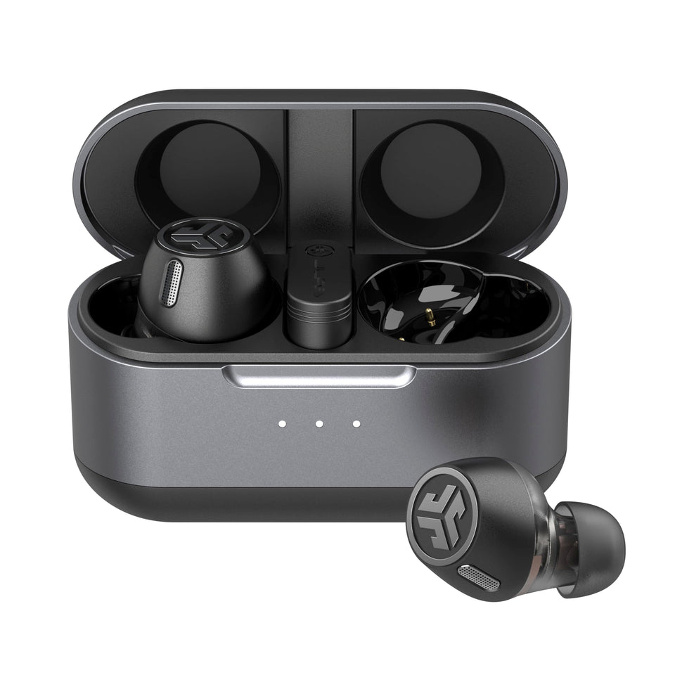 JLab Epic Lab Edition earbuds left view showing sleek design for all-day wear.