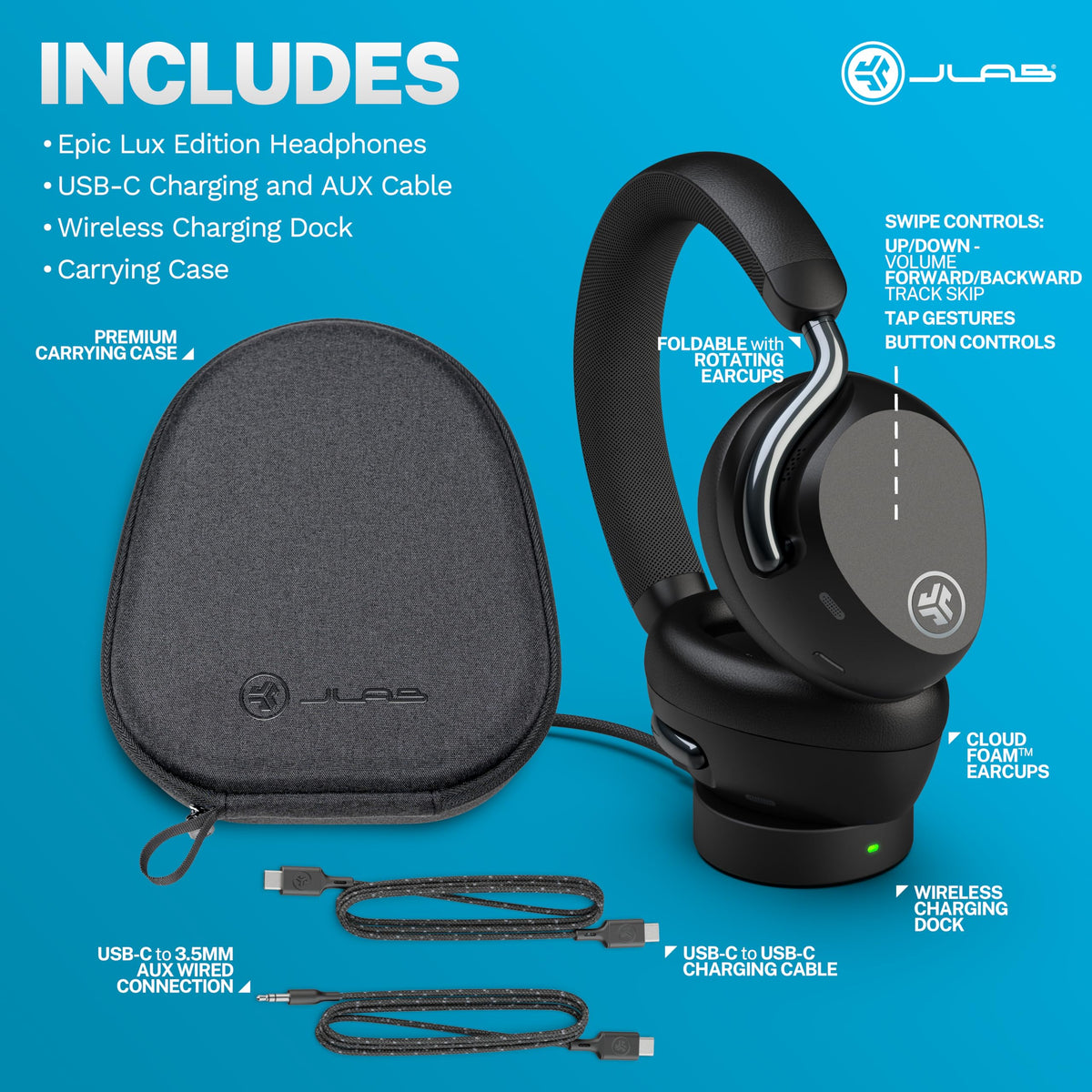 JLab Epic Lux Lab Edition packaging in graphite showing included accessories