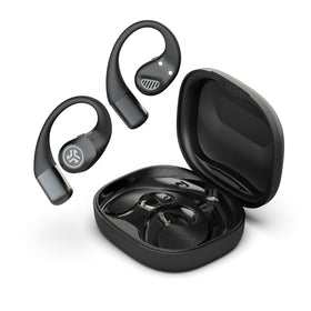 JLab Epic Open Sport Earbuds—black side view, open-ear design for safe listening