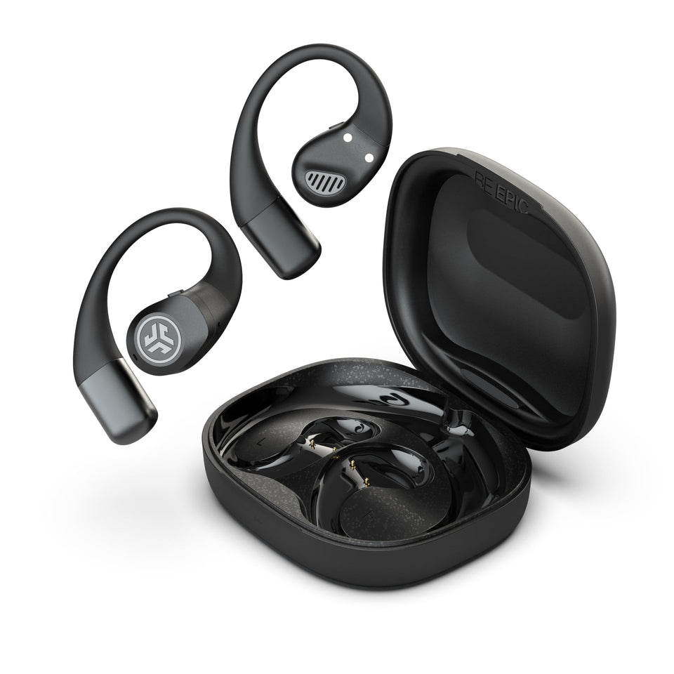 JLab Epic Open Sport Earbuds—black side view, open-ear design for safe listening