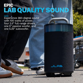 JLab Epic Party 360-sound image demonstrates immersive omnidirectional audio