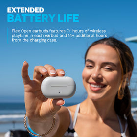 Open charging case with JLab Flex earbuds inside showing long battery convenience