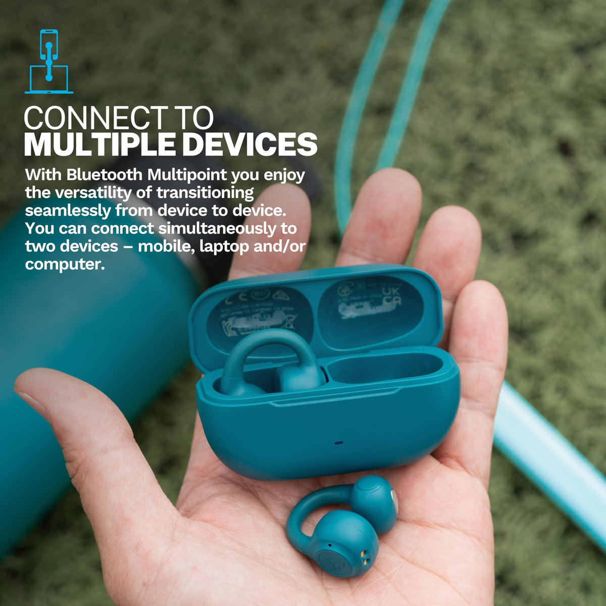 JLab Flex charging case open with earbuds inside, shows extended battery benefit