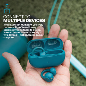 JLab Flex charging case open with earbuds inside, shows extended battery benefit