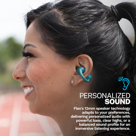 JLab Flex clip-on cuff close-up showing secure ear wrap and comfort fit