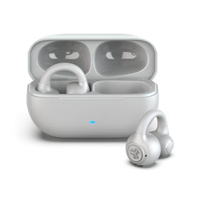 JLab Flex front view in cloud white showing packaging and earbuds highlighting brand clarity