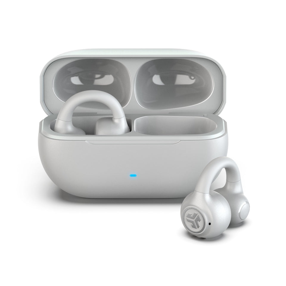 JLab Flex front view in cloud white showing packaging and earbuds highlighting brand clarity