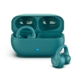 JLab Flex front packaging in teal showing earbuds and case, highlights portability