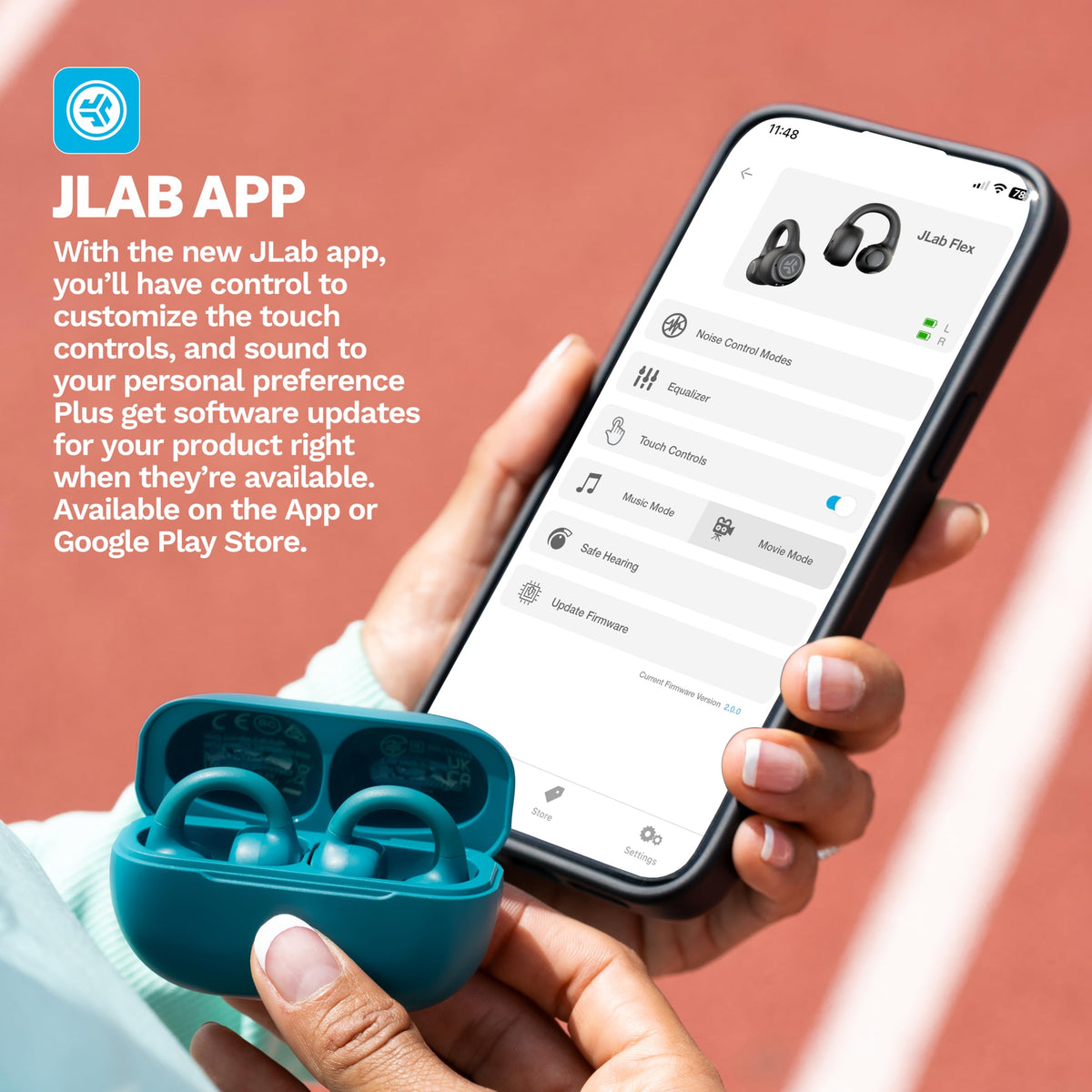 JLab Flex earbuds in a hand for scale, illustrating compact lightweight design