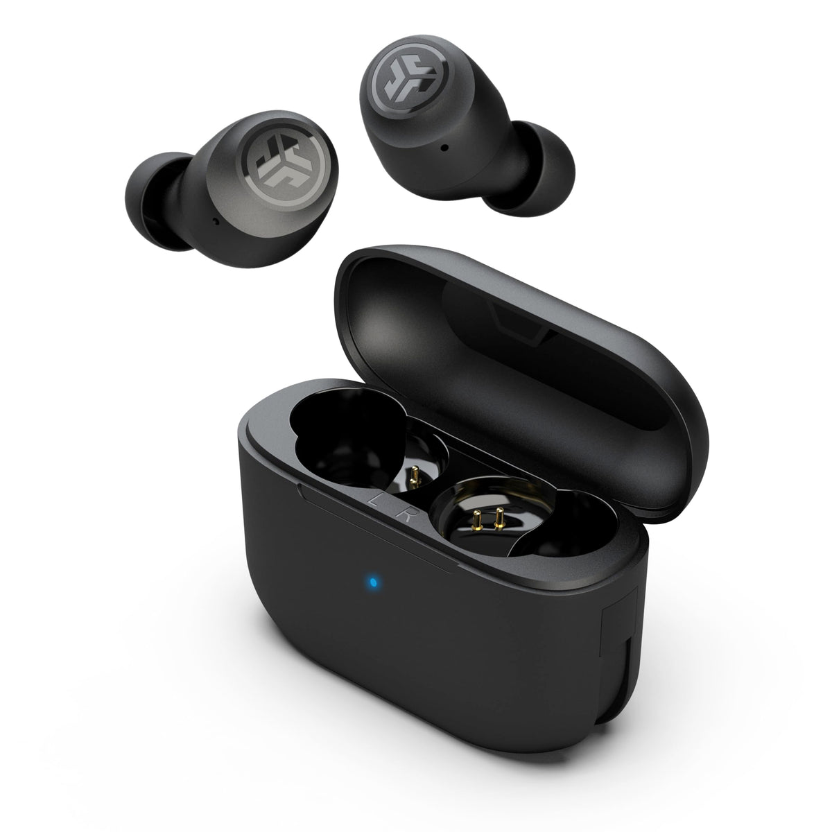 JLab Go Air Pop case and earbuds charging on the go.