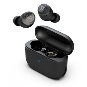 JLab Go Air Pop case and earbuds charging on the go.