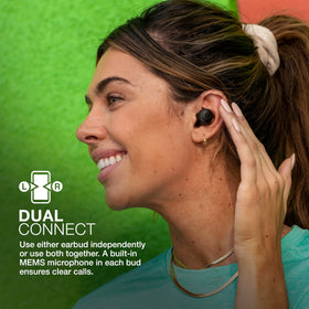 JLab Go Air Pop dual-connect setup demonstrates independent earbud use.