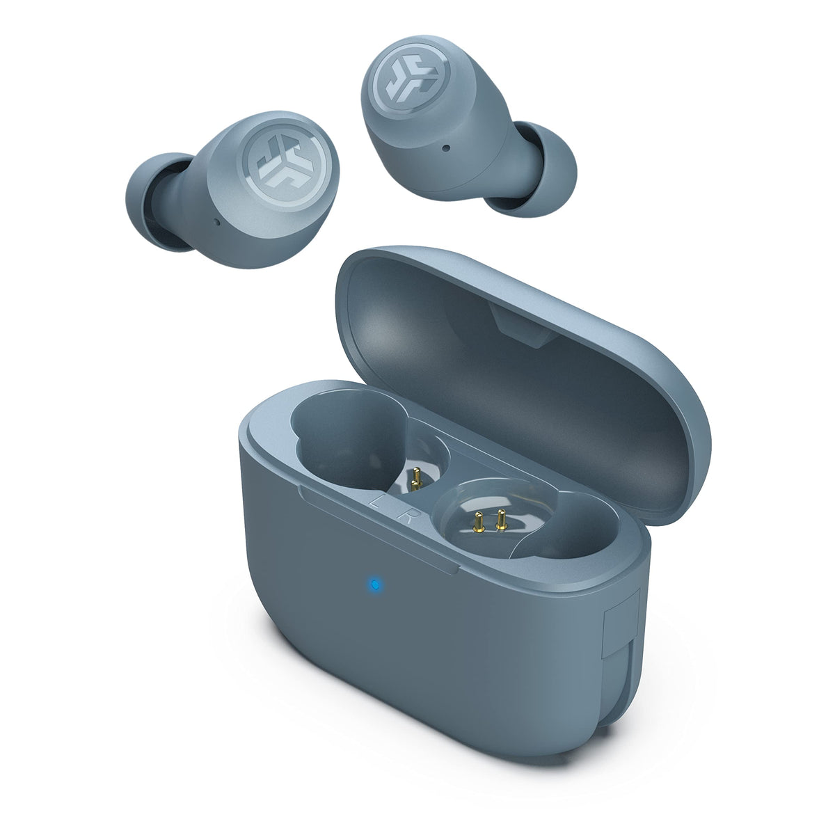 JLab Go Air POP earbuds in a slate case showcasing compact portability