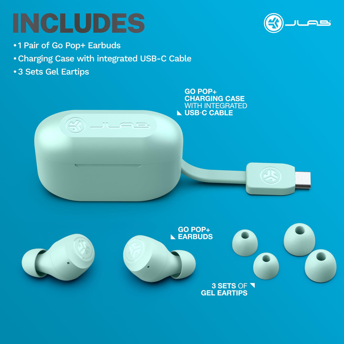 JLab Go Air Pop+ app controls and MEMS mic for clear calls.