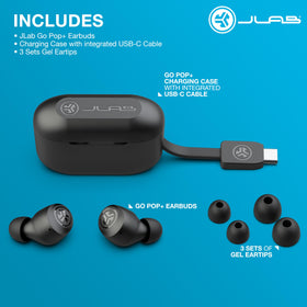 JLab Go Air Pop+ next to credit card for scale, JLab compact size advantage