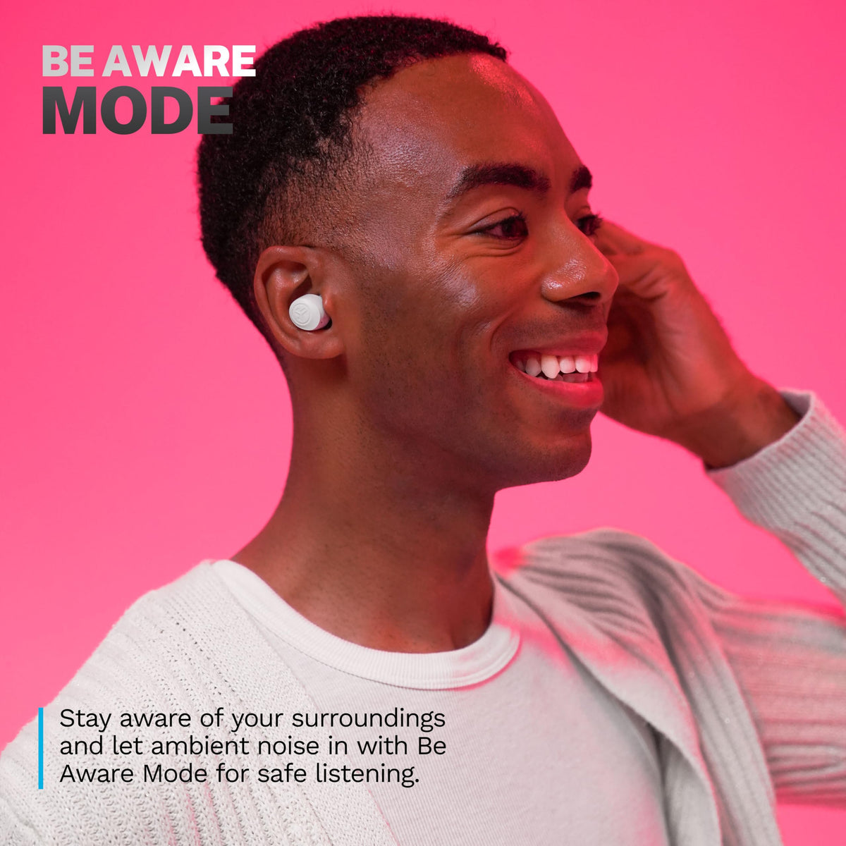 Close-up of JLab earbud texture and gel tip showing secure comfort