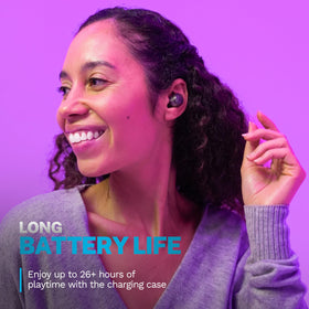 JLab Go Air Pop+ worn in ear demonstrating stable fit during movement
