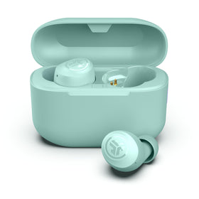 JLab Go Air Pop+ earbuds front view, compact and comfortable for daily use.