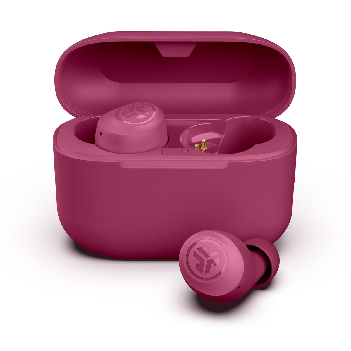 JLab Go Air Pop+ earbuds front view for everyday wear and portability.