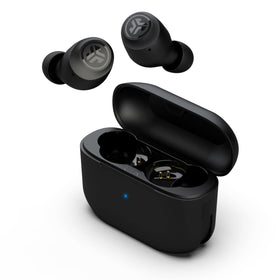 JLab Go Air Pop+ front view with case open showing earbuds, compact convenience