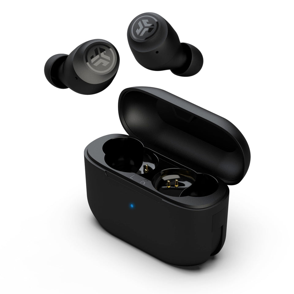 JLab Go Air Pop+ front view with case open showing earbuds, compact convenience