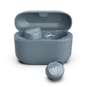 JLab Go Air Pop+ front view showing case open and travel-ready battery benefit