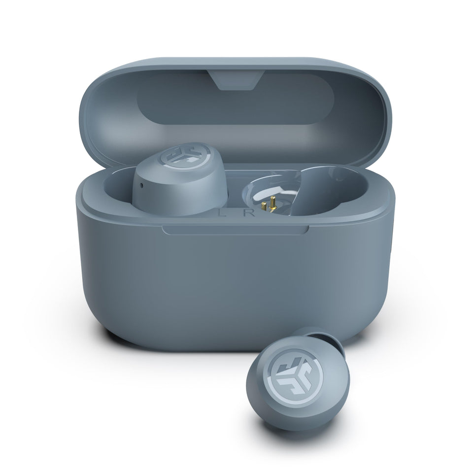 JLab Go Air Pop+ front view showing case open and travel-ready battery benefit