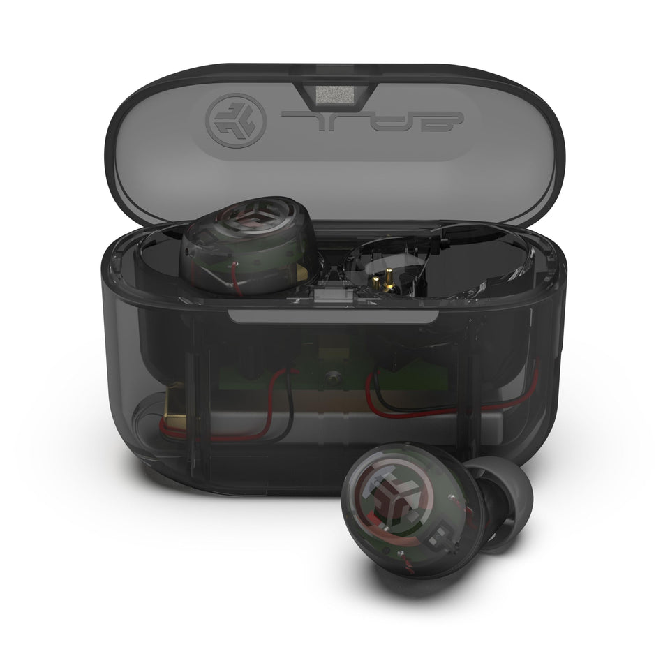 JLab Go Air Pop+ front packaging showing earbuds and case benefits