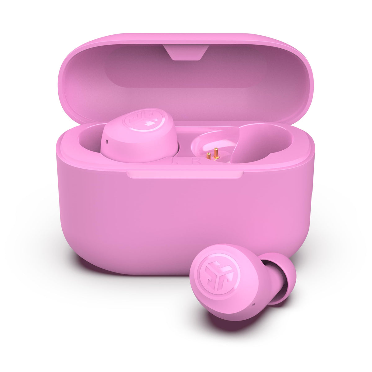 JLab Go Air Pop+ front packaging in pink showing product and benefits