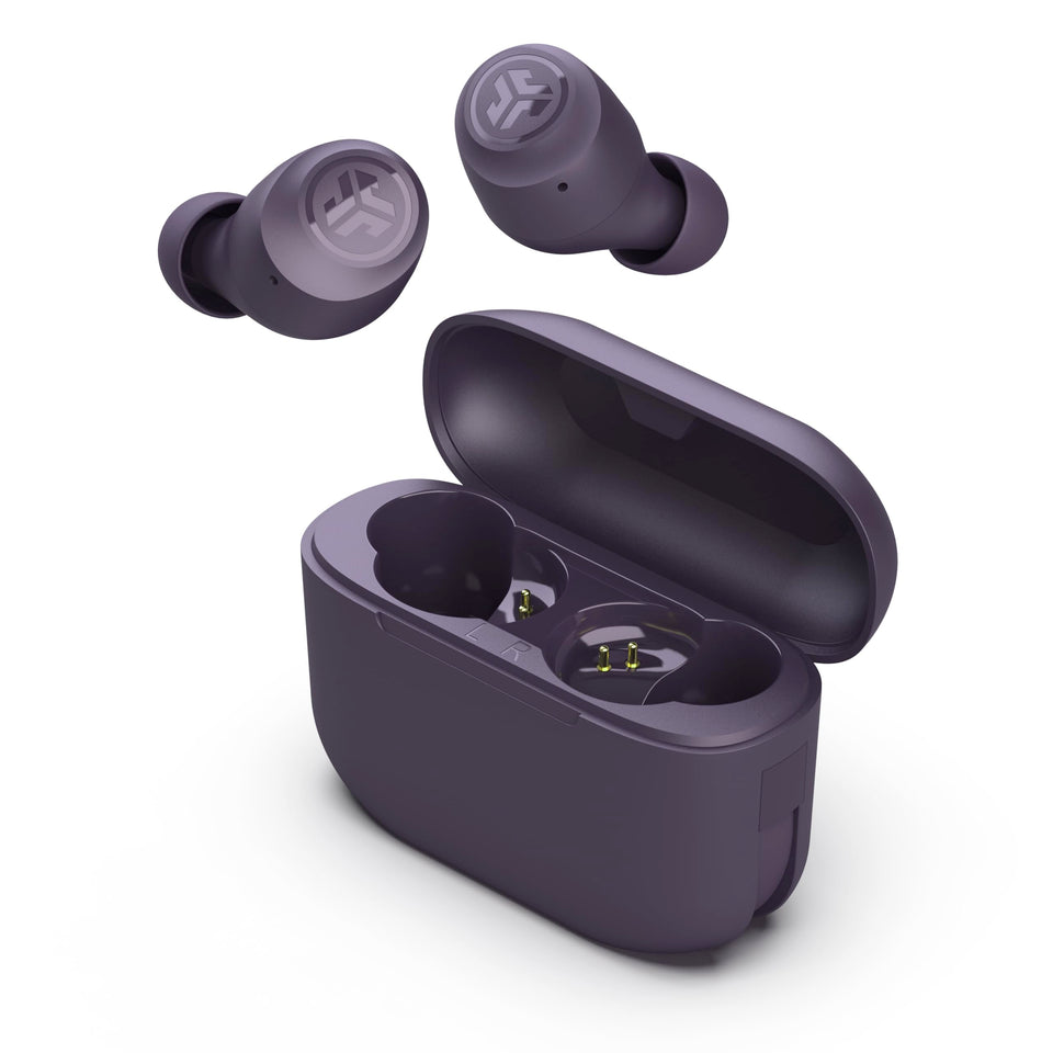 JLab front packaging in violet showing compact case and earbuds, highlights portability