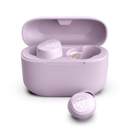 JLab Go Air Pop+ front view in lilac showing compact case and earbuds benefit portable charging