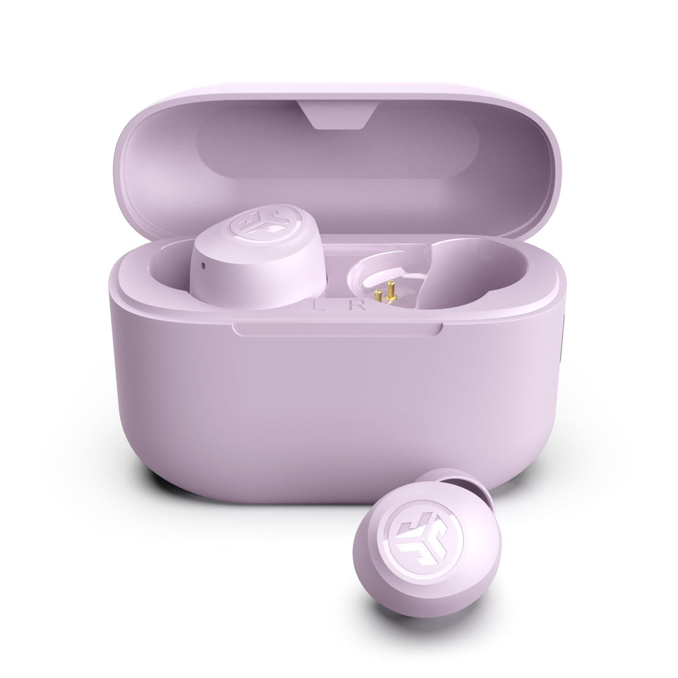 JLab Go Air Pop+ front view in lilac showing compact case and earbuds benefit portable charging