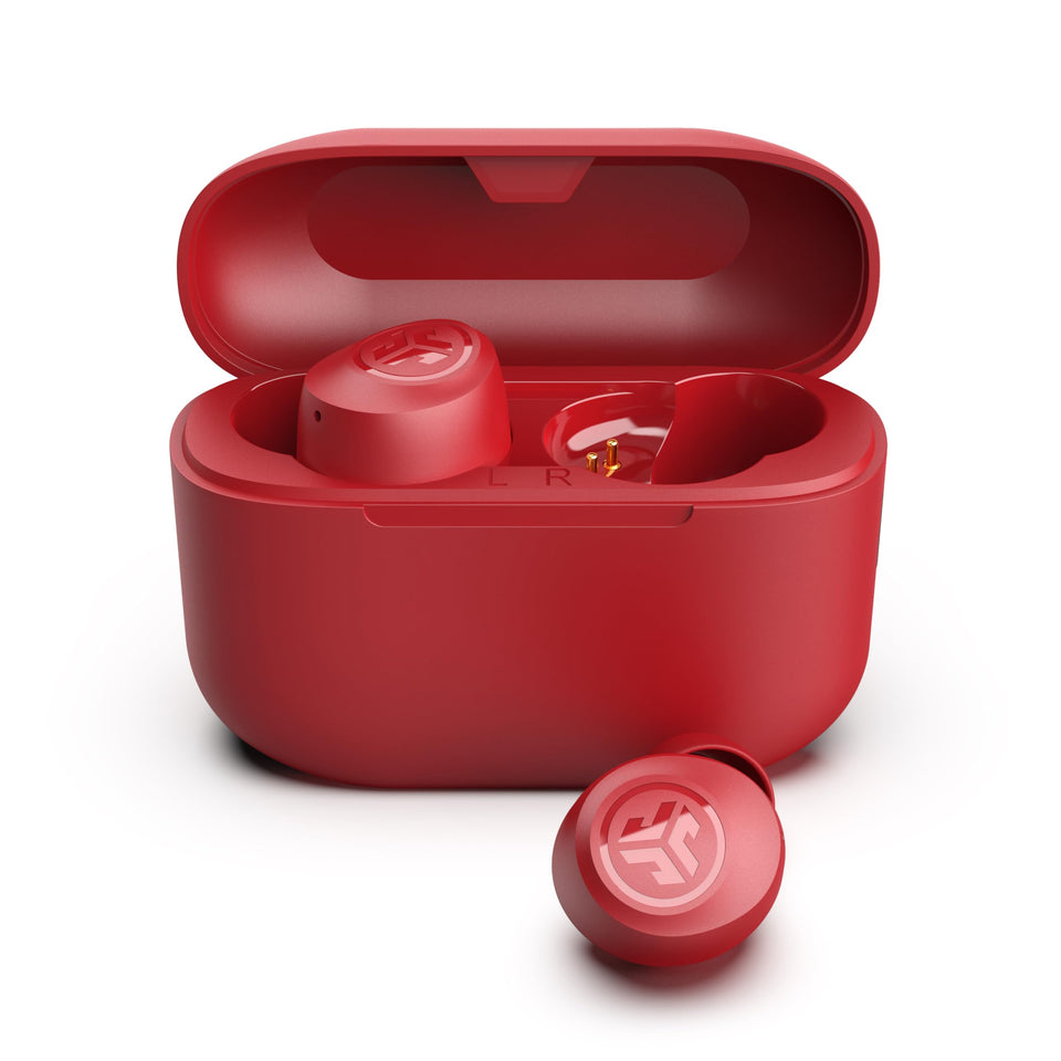 JLab Go Air Pop+ front view in rose showing compact design and color appeal