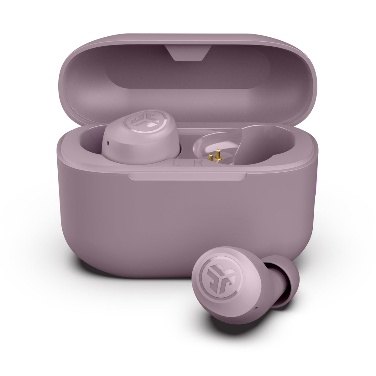 JLab Go Air Pop+ front view showing mauve earbuds and case, highlighting compact design