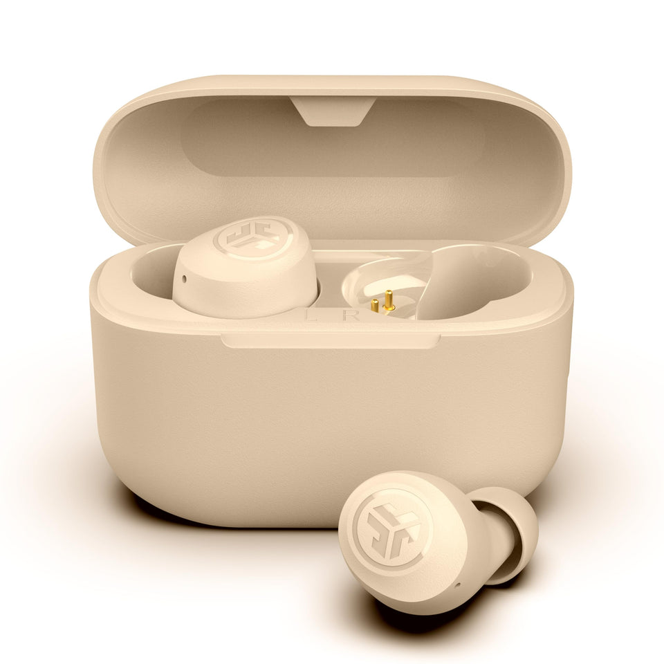 JLab front view of earbuds showing compact design and easy portability