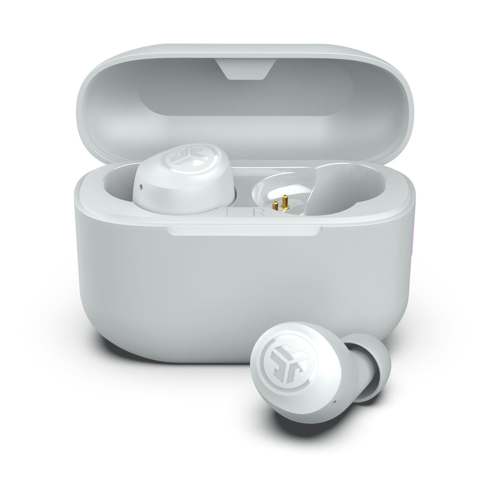 JLab front view of earbuds and case showing compact design and portability