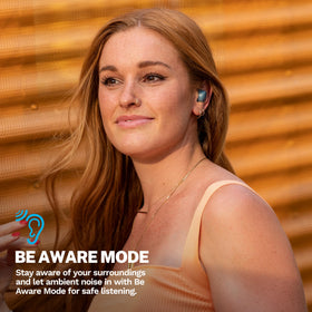 JLab Go Air Pop+ in-ear with gel tip demonstrating secure fit benefit