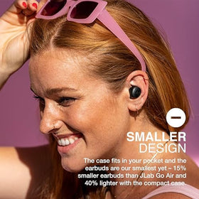 JLab Go Air Pop+ worn in ear during commute, JLab fit for stable comfort