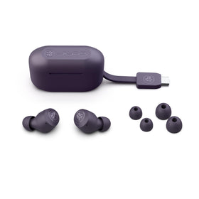 JLab open USB-C charging case with earbuds, demonstrating quick grab-and-play convenience