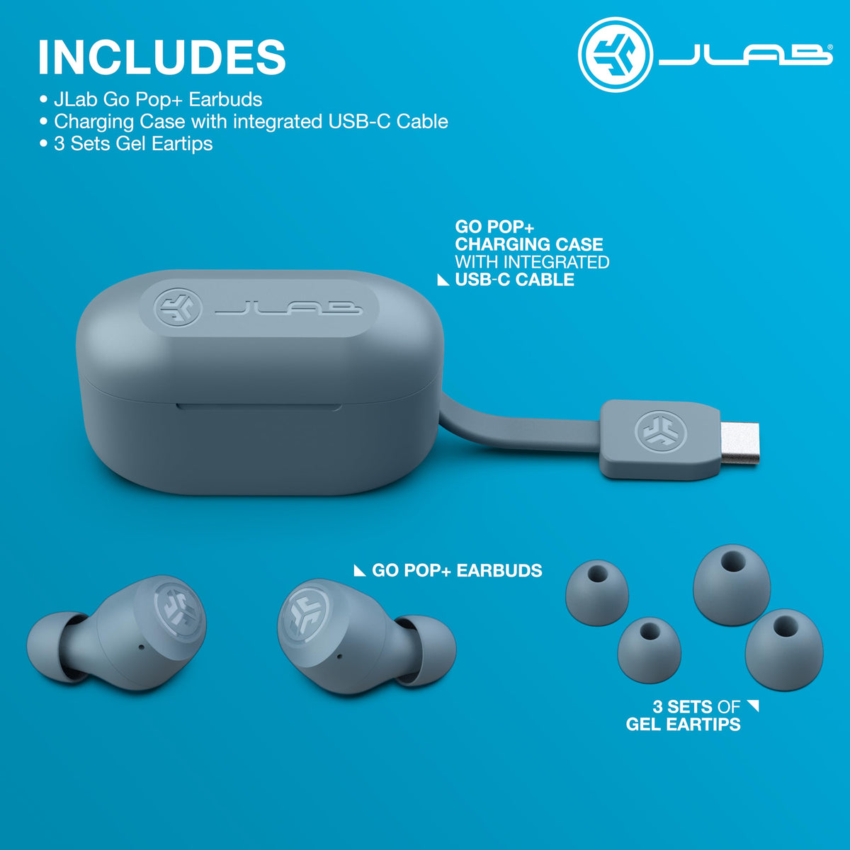 JLab Go Air Pop+ label detail showing EQ3 and features for sound customization benefit
