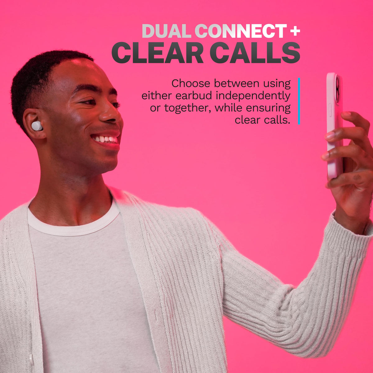 JLab earbuds next to a credit card for size comparison and portability